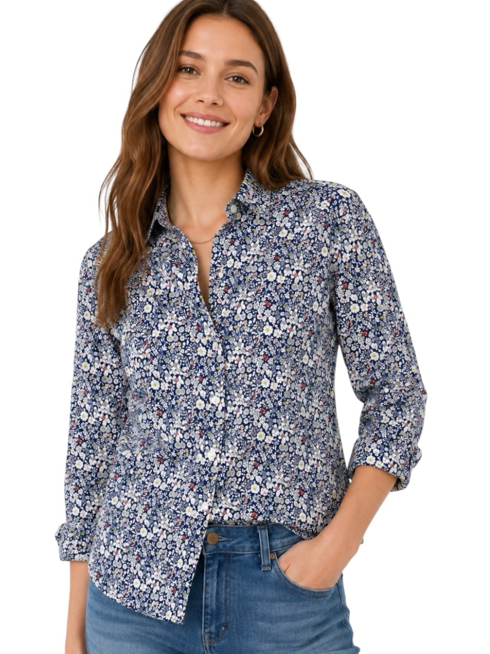 J.Crew Liberty Art Fabrics Floral Cotton Print Button Down Shirt Navy Size 2